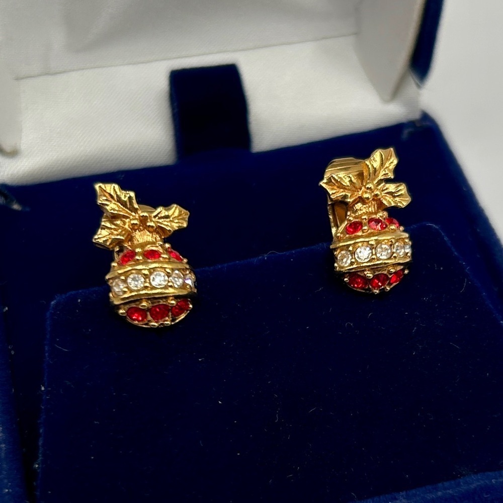 Avon Xmas Gold and Red Crystal Festive Earrings